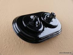 Garby Colonial 2fach Kombination, zwei Aus-Wechsel-Porzellandrehschalter schwarz,  Knebel Porzellan schwarz Retroform, seitlich